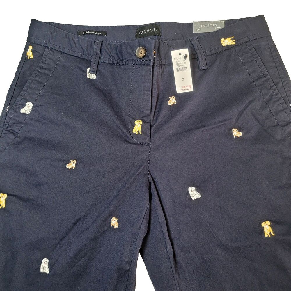 Talbots Navy Blue Dog Embroidered Womens Size 30"x30" Relaxed Chino Pants NWT